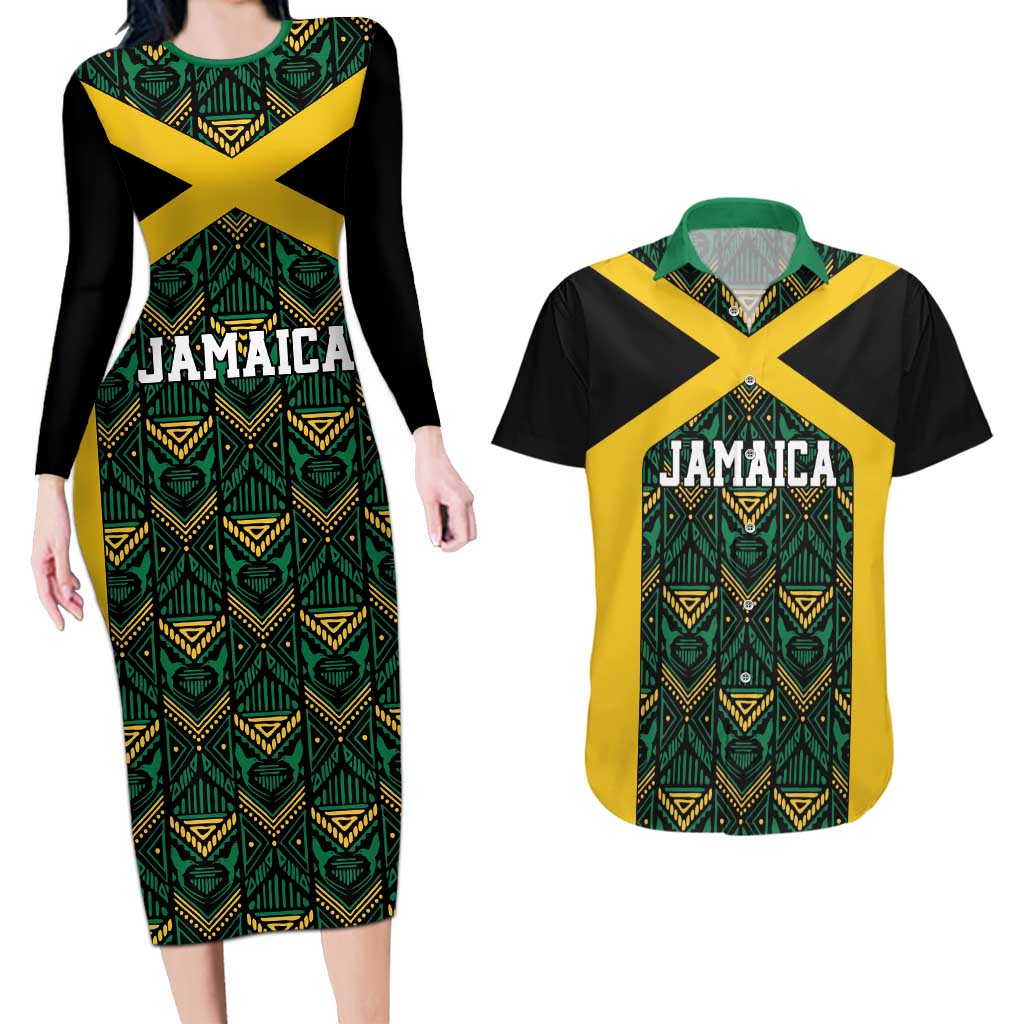 Jamaica Football Custom Couples Matching Long Sleeve Bodycon Dress and Hawaiian Shirt Black Ethnic Motifs LT9 - Wonder Print Shop