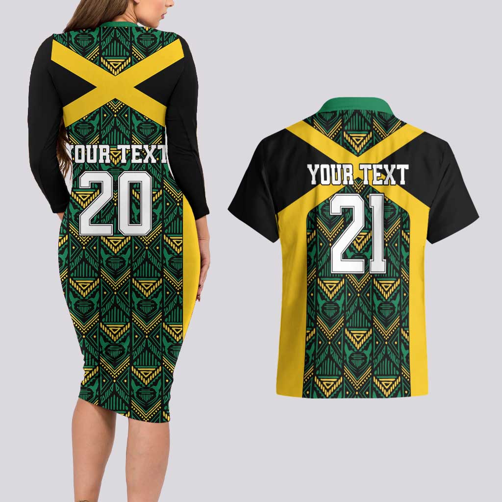 Jamaica Football Custom Couples Matching Long Sleeve Bodycon Dress and Hawaiian Shirt Black Ethnic Motifs LT9 - Wonder Print Shop