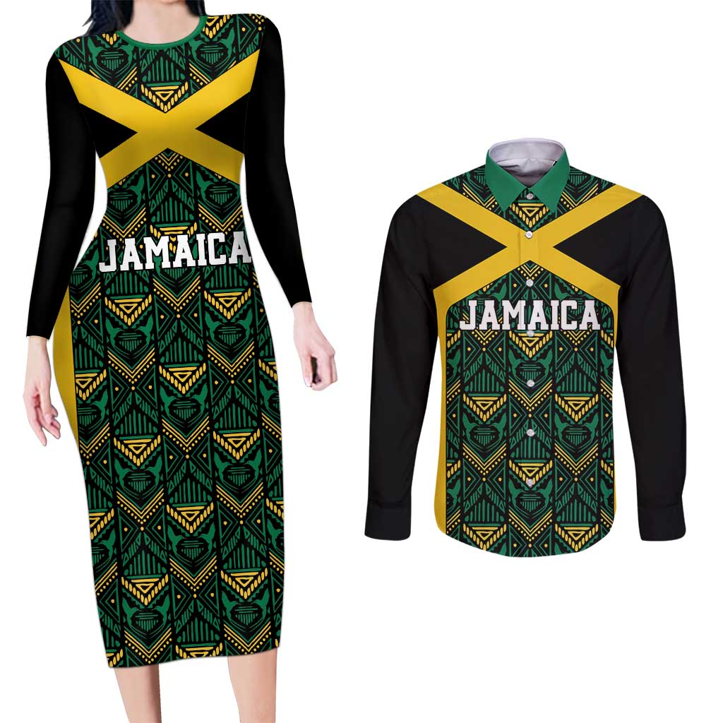 Jamaica Football Custom Couples Matching Long Sleeve Bodycon Dress and Long Sleeve Button Shirt Black Ethnic Motifs LT9 - Wonder Print Shop