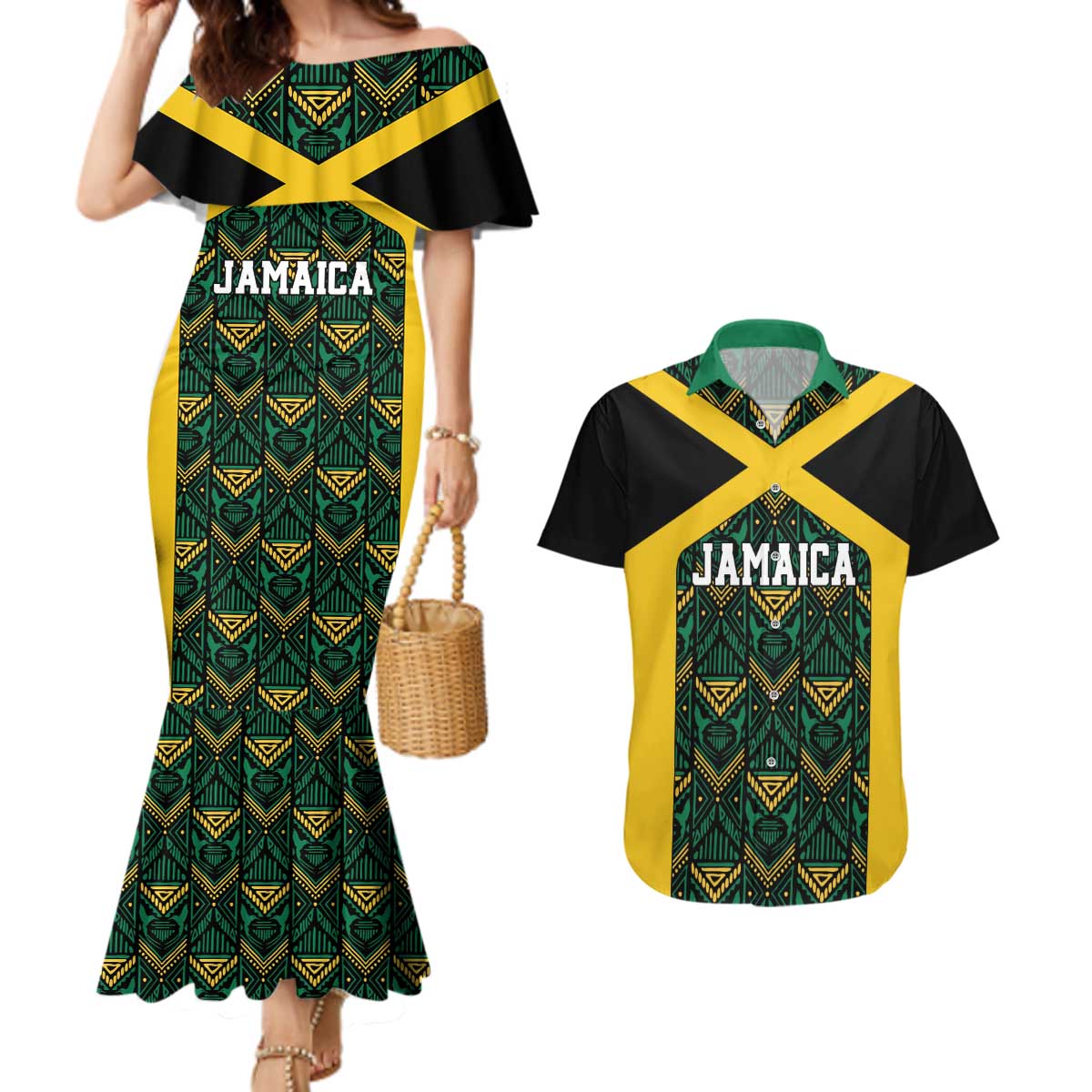 Jamaica Football Custom Couples Matching Mermaid Dress and Hawaiian Shirt Black Ethnic Motifs LT9 - Wonder Print Shop