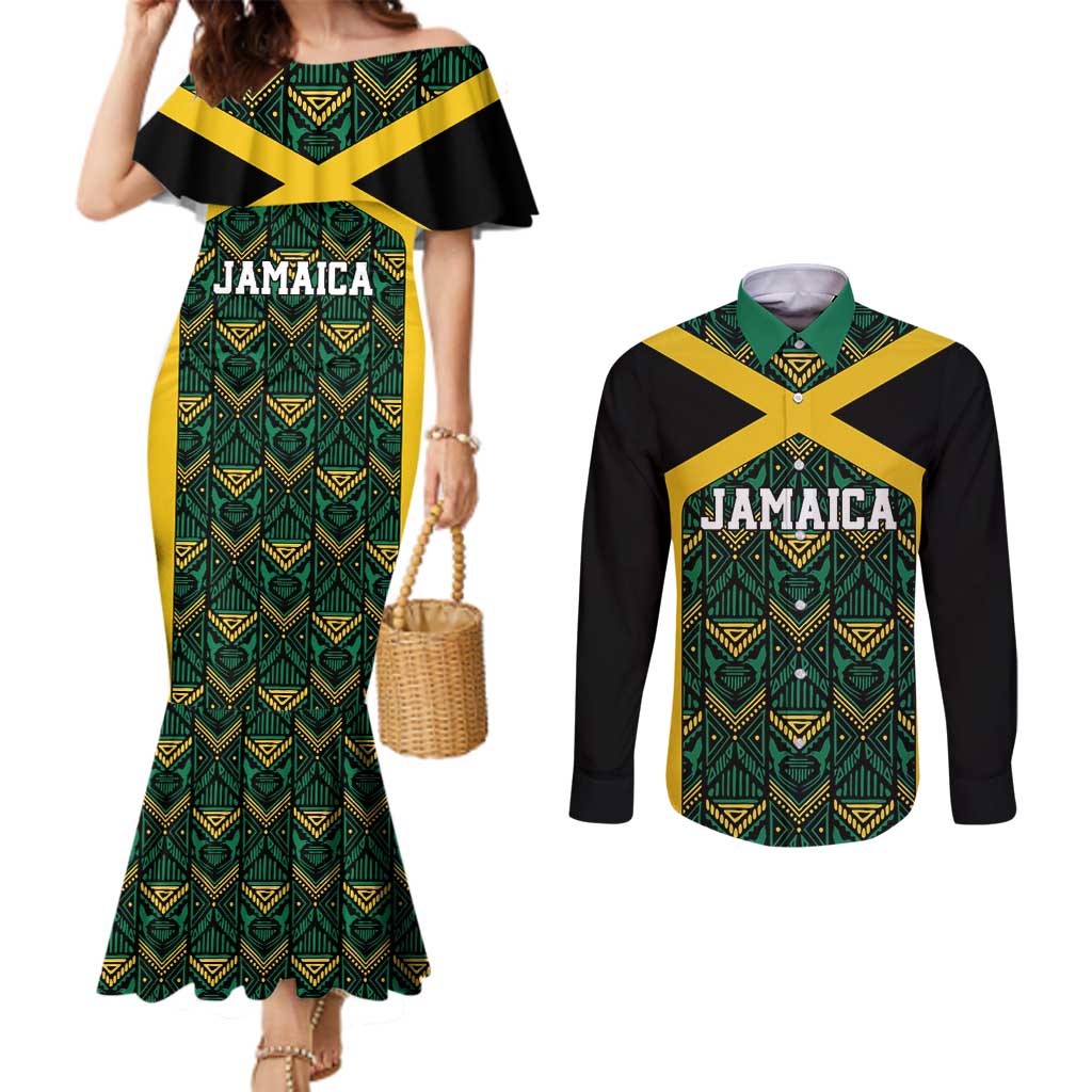 Jamaica Football Custom Couples Matching Mermaid Dress and Long Sleeve Button Shirt Black Ethnic Motifs
