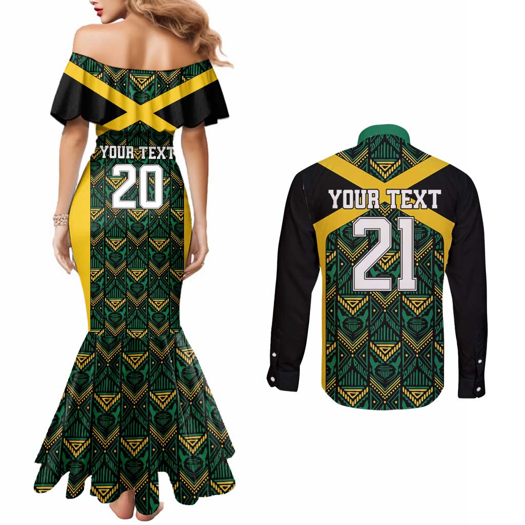 Jamaica Football Custom Couples Matching Mermaid Dress and Long Sleeve Button Shirt Black Ethnic Motifs