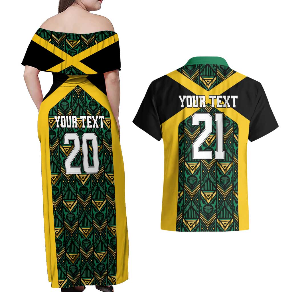 Jamaica Football Custom Couples Matching Off Shoulder Maxi Dress and Hawaiian Shirt Black Ethnic Motifs LT9 - Wonder Print Shop