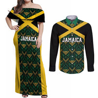 Jamaica Football Custom Couples Matching Off Shoulder Maxi Dress and Long Sleeve Button Shirt Black Ethnic Motifs LT9 - Wonder Print Shop