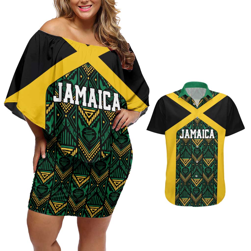 Jamaica Football Custom Couples Matching Off Shoulder Short Dress and Hawaiian Shirt Black Ethnic Motifs LT9 - Wonder Print Shop