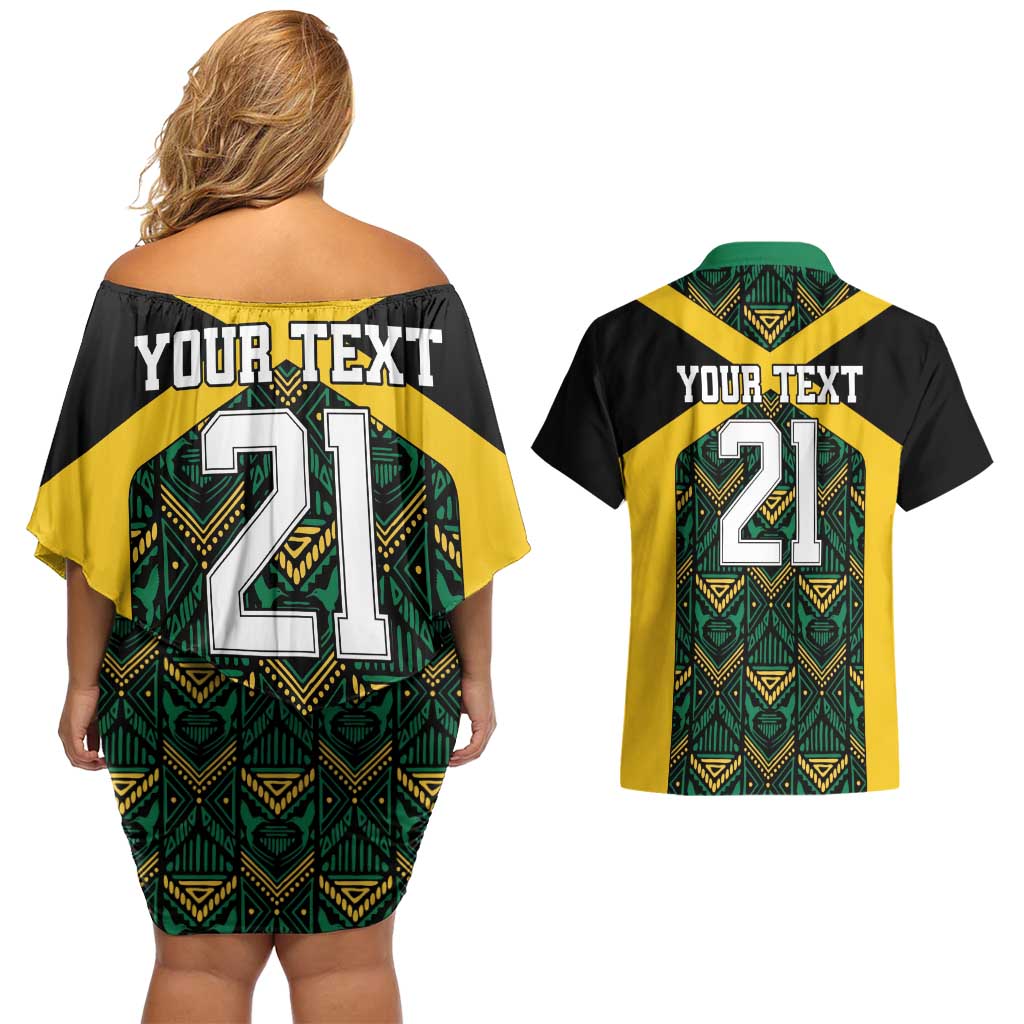 Jamaica Football Custom Couples Matching Off Shoulder Short Dress and Hawaiian Shirt Black Ethnic Motifs LT9 - Wonder Print Shop