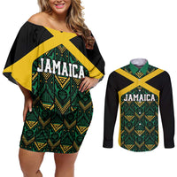 Jamaica Football Custom Couples Matching Off Shoulder Short Dress and Long Sleeve Button Shirt Black Ethnic Motifs LT9 - Wonder Print Shop