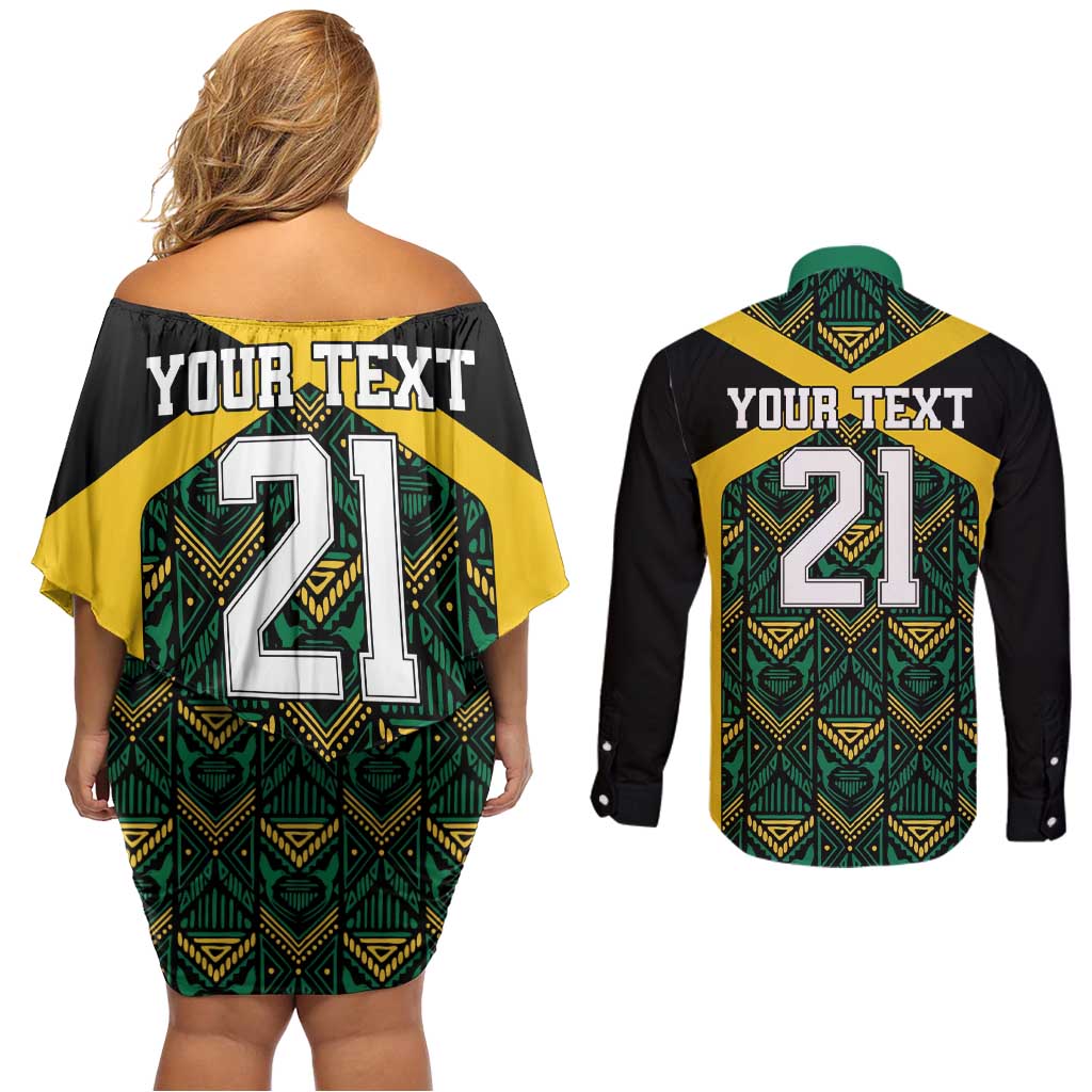 Jamaica Football Custom Couples Matching Off Shoulder Short Dress and Long Sleeve Button Shirt Black Ethnic Motifs LT9 - Wonder Print Shop