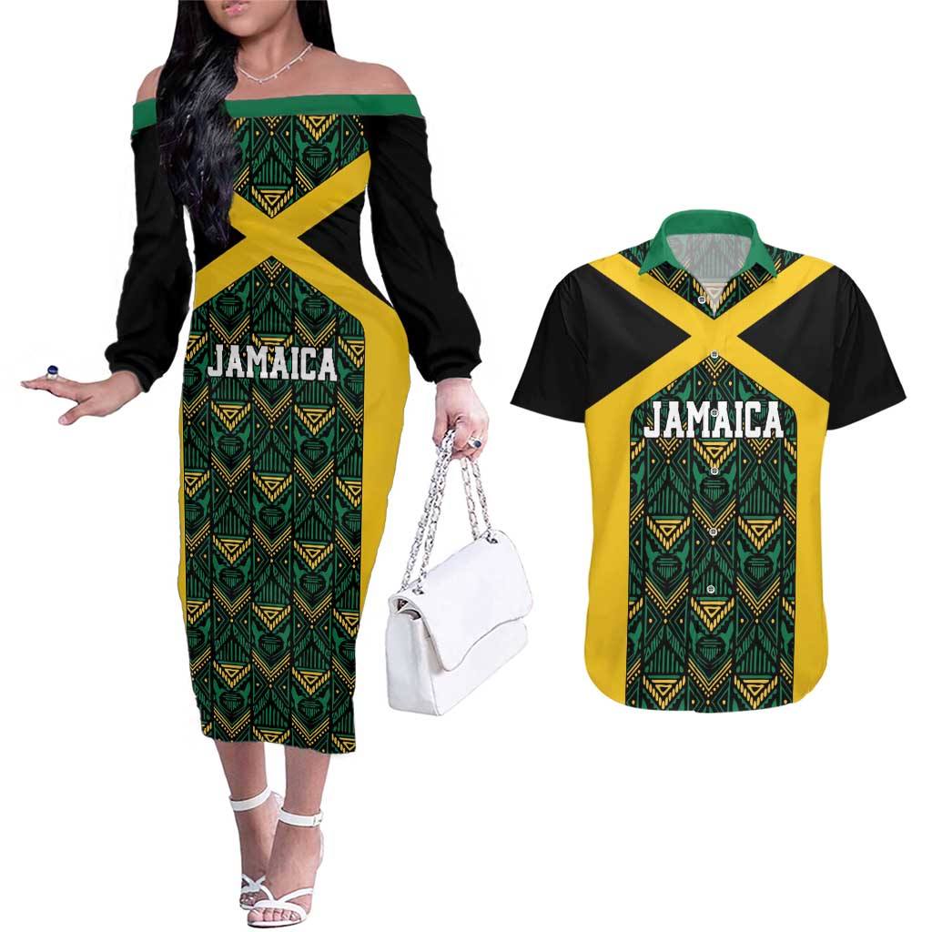 Jamaica Football Custom Couples Matching Off The Shoulder Long Sleeve Dress and Hawaiian Shirt Black Ethnic Motifs LT9 - Wonder Print Shop