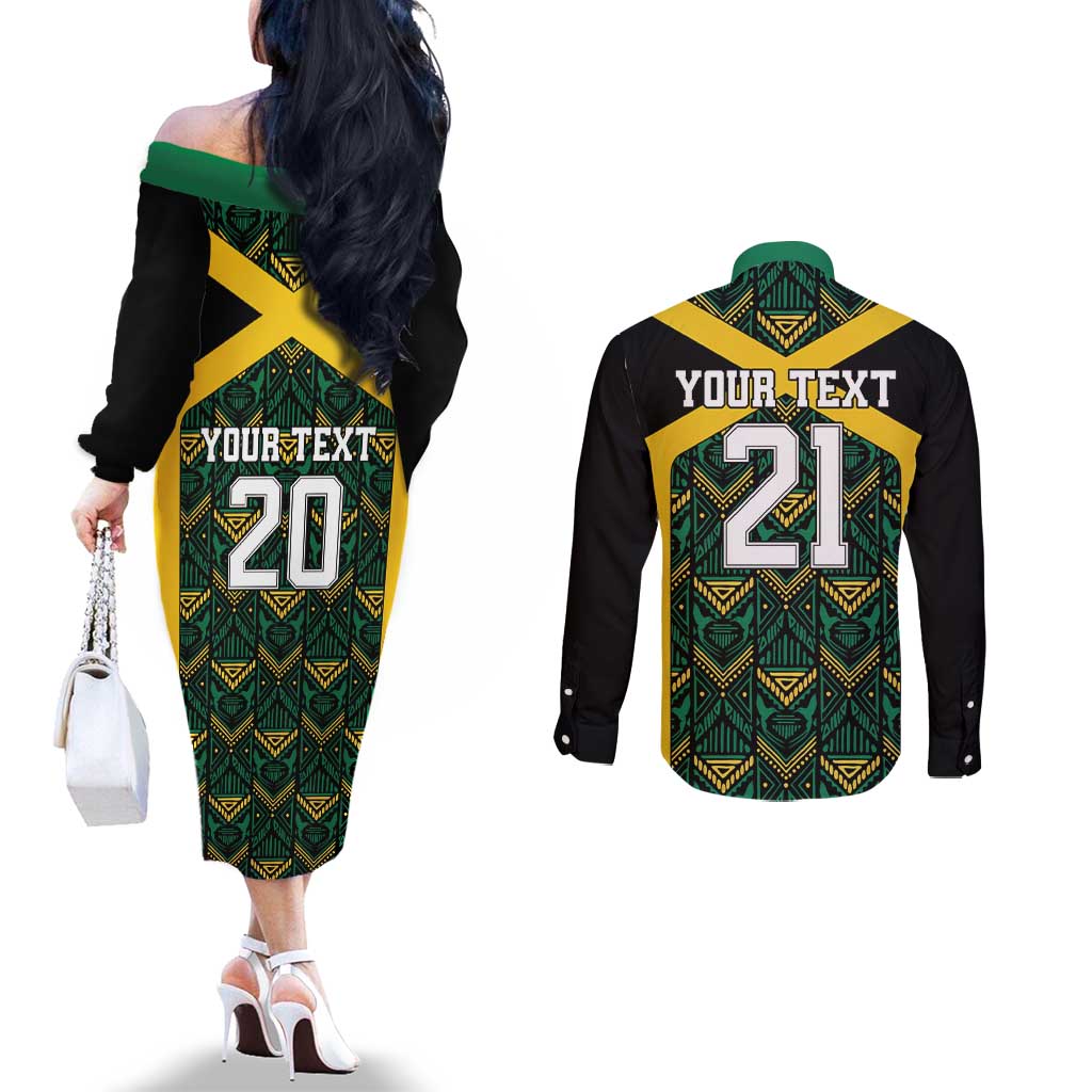 Jamaica Football Custom Couples Matching Off The Shoulder Long Sleeve Dress and Long Sleeve Button Shirt Black Ethnic Motifs