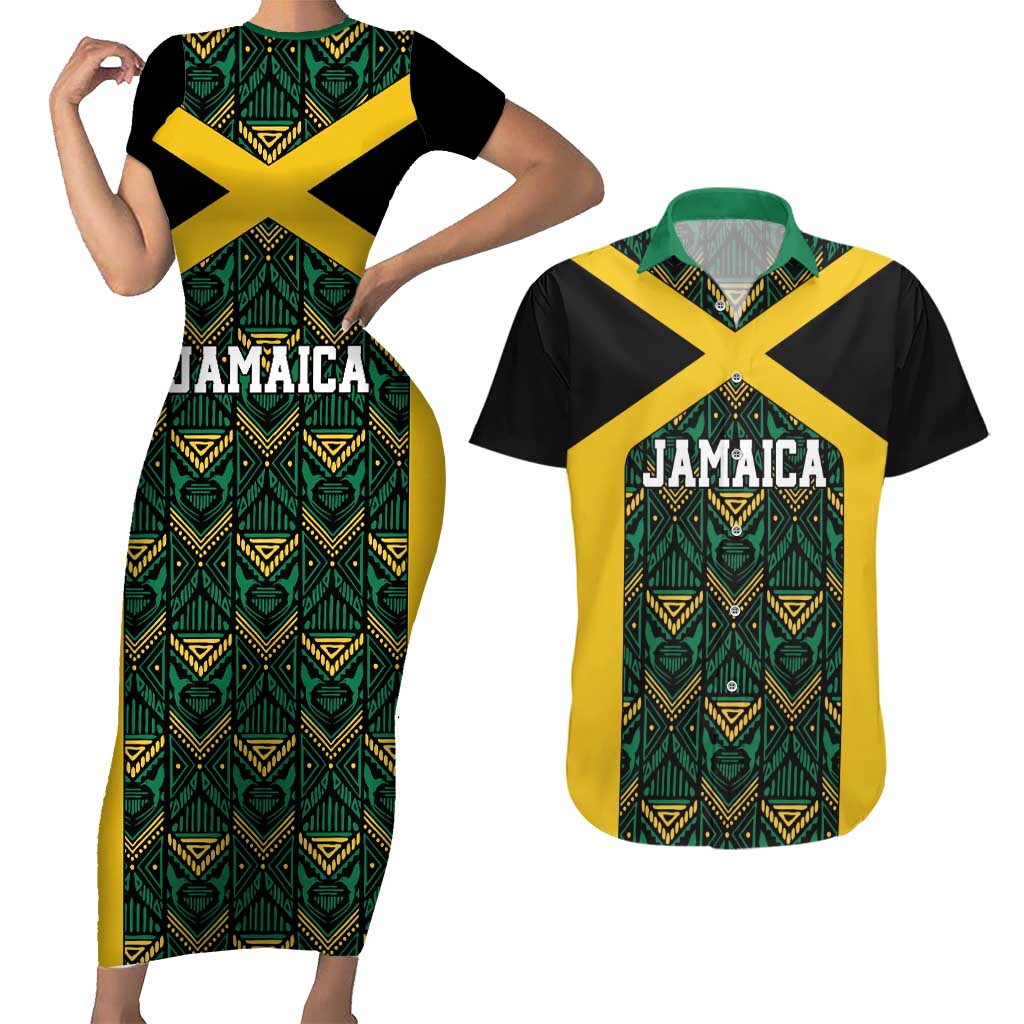 Jamaica Football Custom Couples Matching Short Sleeve Bodycon Dress and Hawaiian Shirt Black Ethnic Motifs LT9 - Wonder Print Shop