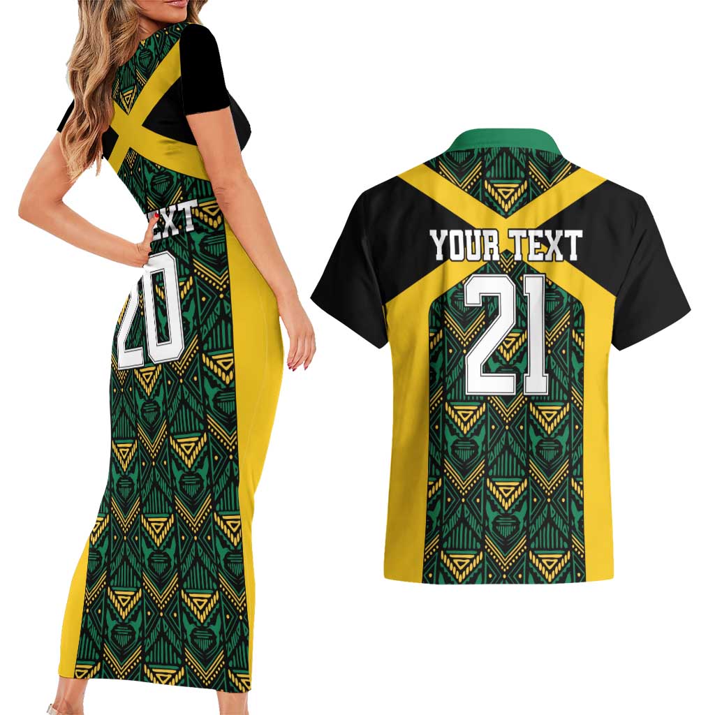 Jamaica Football Custom Couples Matching Short Sleeve Bodycon Dress and Hawaiian Shirt Black Ethnic Motifs LT9 - Wonder Print Shop