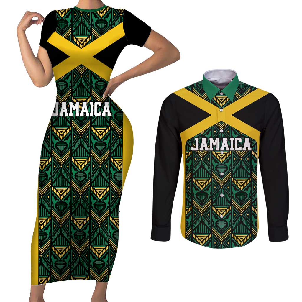 Jamaica Football Custom Couples Matching Short Sleeve Bodycon Dress and Long Sleeve Button Shirt Black Ethnic Motifs LT9 - Wonder Print Shop