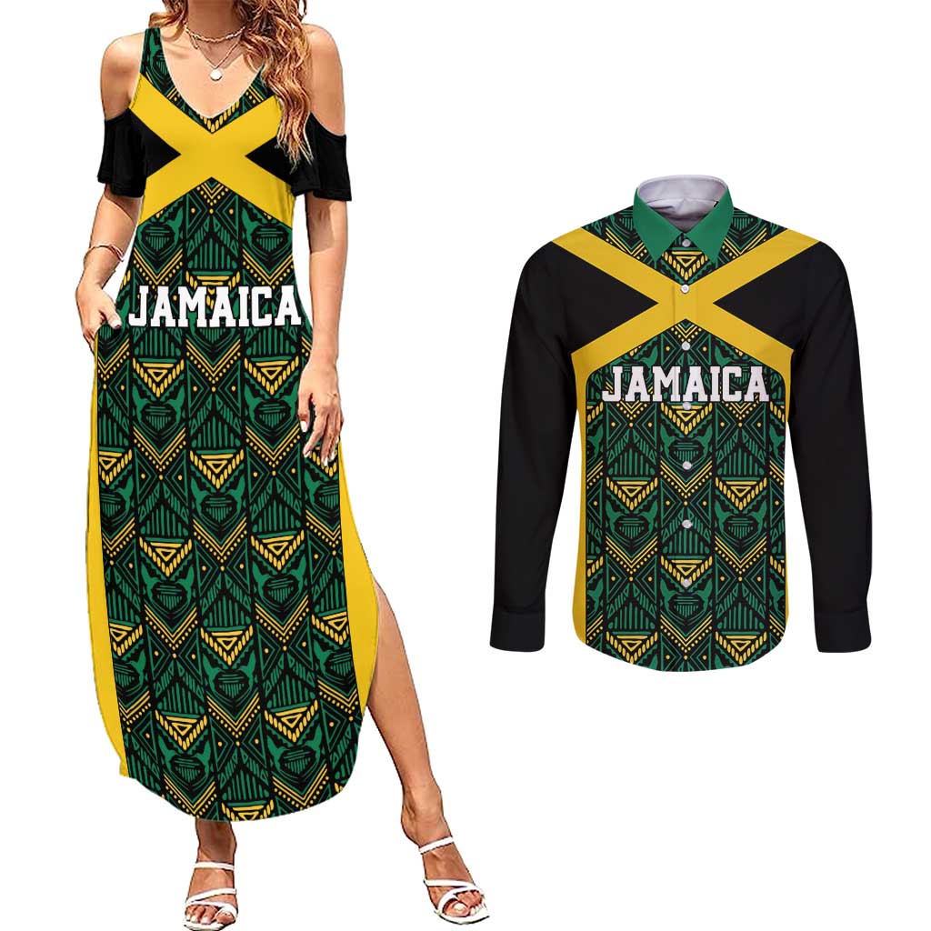 Jamaica Football Custom Couples Matching Summer Maxi Dress and Long Sleeve Button Shirt Black Ethnic Motifs LT9 - Wonder Print Shop