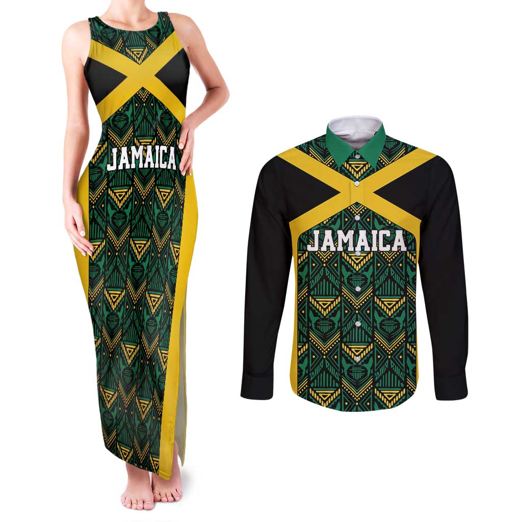 Jamaica Football Custom Couples Matching Tank Maxi Dress and Long Sleeve Button Shirt Black Ethnic Motifs LT9 - Wonder Print Shop