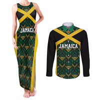 Jamaica Football Custom Couples Matching Tank Maxi Dress and Long Sleeve Button Shirt Black Ethnic Motifs LT9 - Wonder Print Shop