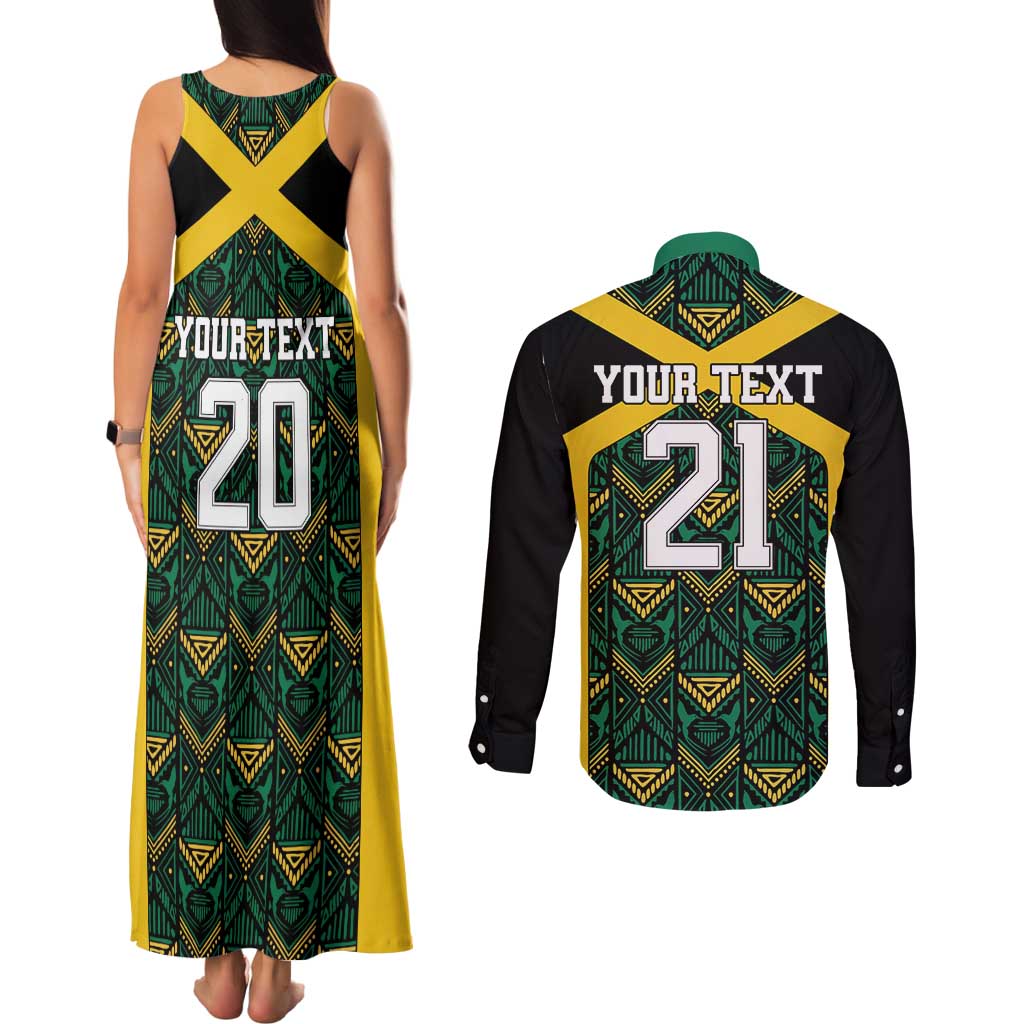 Jamaica Football Custom Couples Matching Tank Maxi Dress and Long Sleeve Button Shirt Black Ethnic Motifs LT9 - Wonder Print Shop