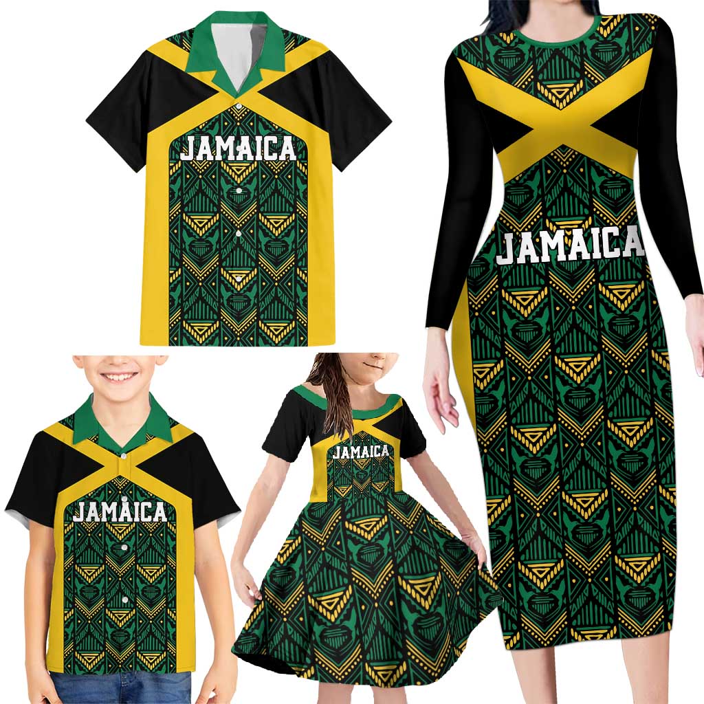 Jamaica Football Custom Family Matching Long Sleeve Bodycon Dress and Hawaiian Shirt Black Ethnic Motifs LT9 - Wonder Print Shop