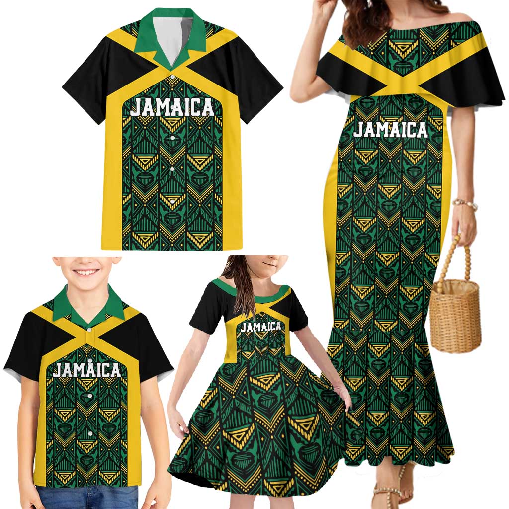 Jamaica Football Custom Family Matching Mermaid Dress and Hawaiian Shirt Black Ethnic Motifs LT9 - Wonder Print Shop