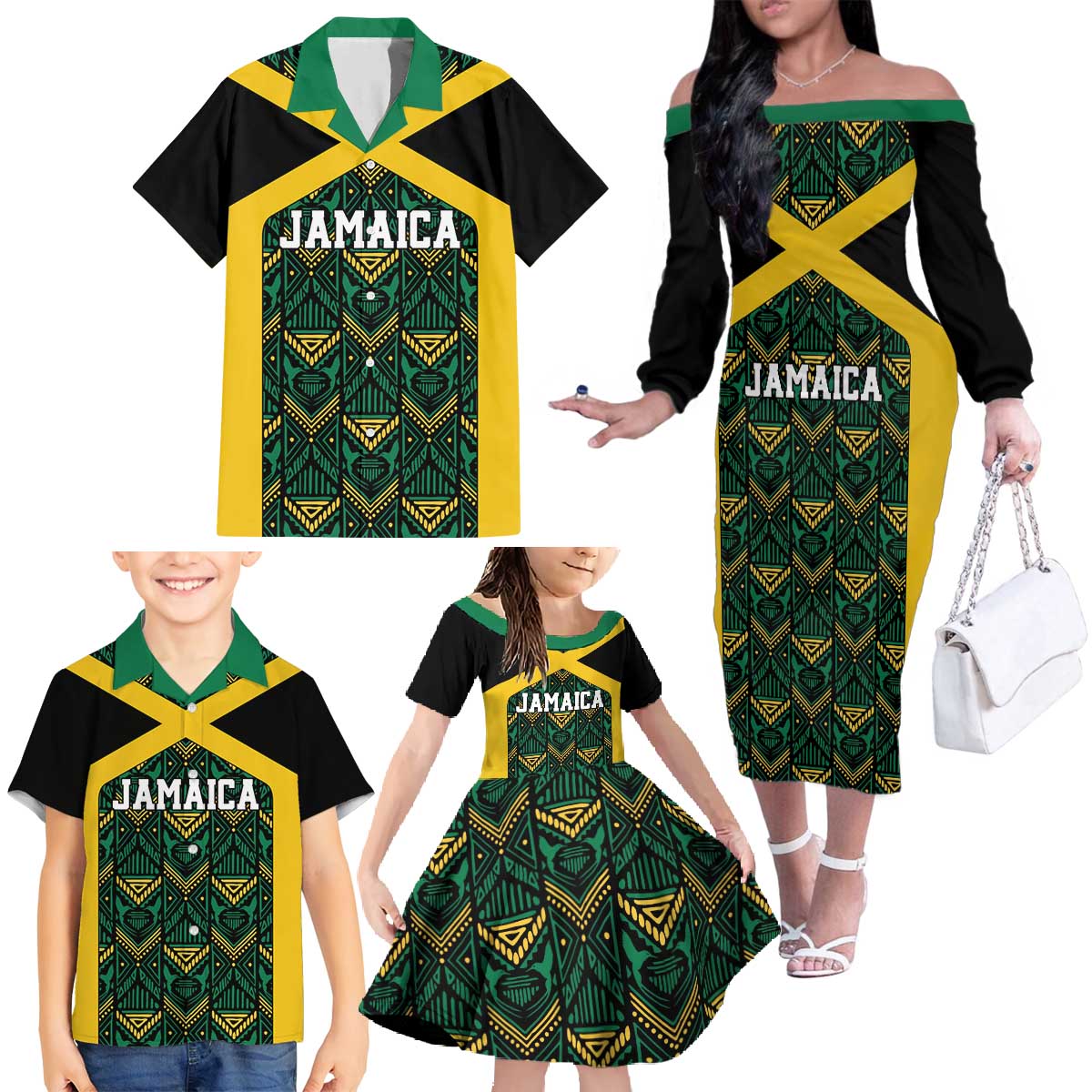 Jamaica Football Custom Family Matching Off The Shoulder Long Sleeve Dress and Hawaiian Shirt Black Ethnic Motifs - Wonder Print Shop
