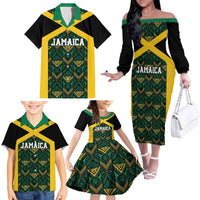 Jamaica Football Custom Family Matching Off The Shoulder Long Sleeve Dress and Hawaiian Shirt Black Ethnic Motifs - Wonder Print Shop