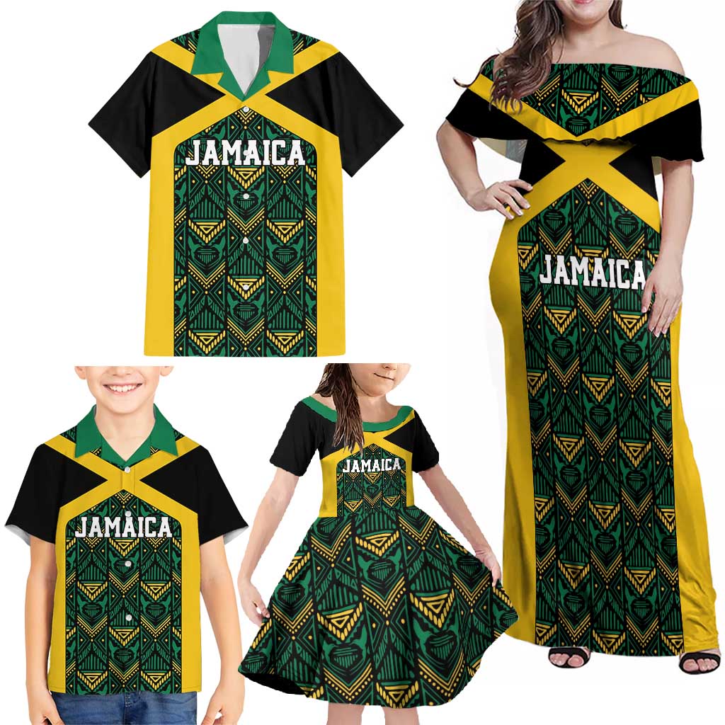 Jamaica Football Custom Family Matching Off Shoulder Maxi Dress and Hawaiian Shirt Black Ethnic Motifs LT9 - Wonder Print Shop