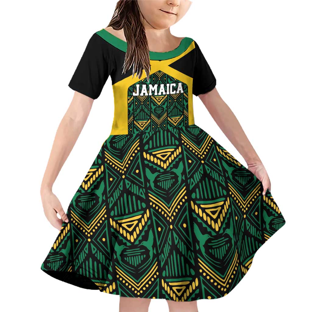 Jamaica Football Custom Family Matching Off Shoulder Short Dress and Hawaiian Shirt Black Ethnic Motifs LT9 - Wonder Print Shop