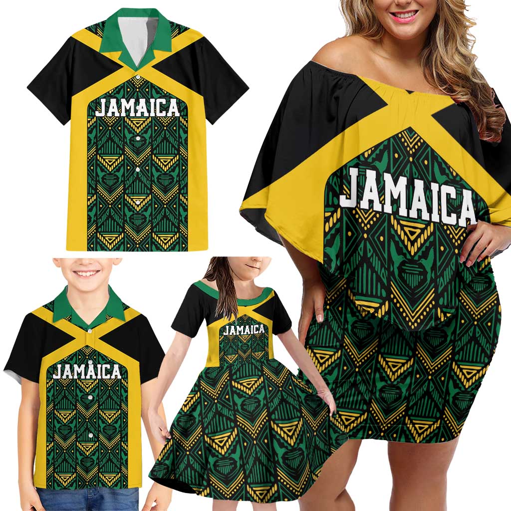 Jamaica Football Custom Family Matching Off Shoulder Short Dress and Hawaiian Shirt Black Ethnic Motifs LT9 - Wonder Print Shop