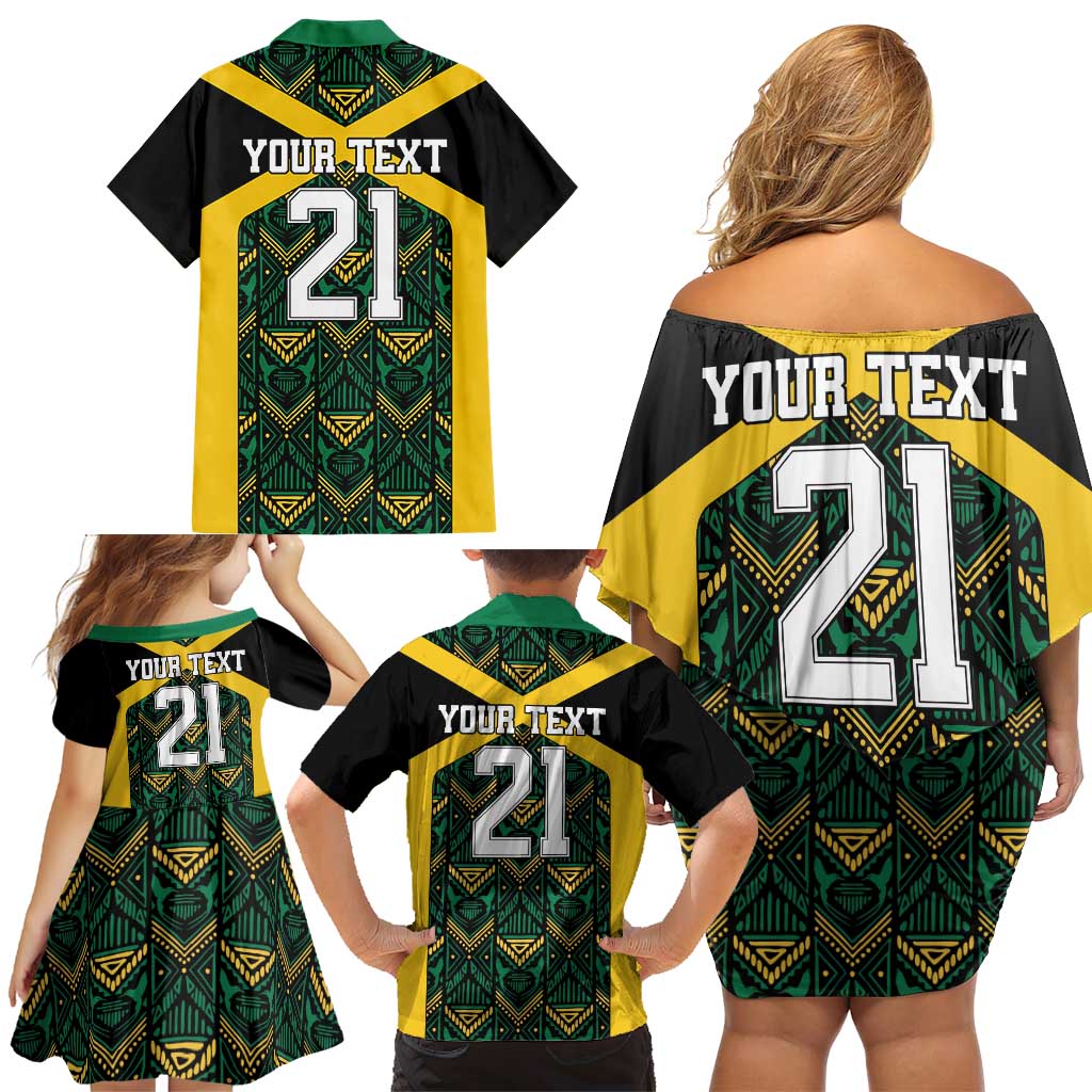Jamaica Football Custom Family Matching Off Shoulder Short Dress and Hawaiian Shirt Black Ethnic Motifs LT9 - Wonder Print Shop