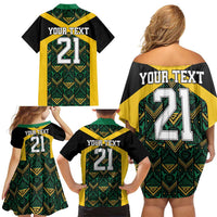 Jamaica Football Custom Family Matching Off Shoulder Short Dress and Hawaiian Shirt Black Ethnic Motifs LT9 - Wonder Print Shop