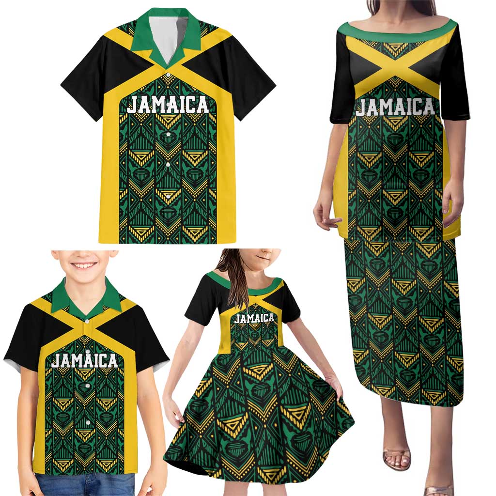 Jamaica Football Custom Family Matching Puletasi and Hawaiian Shirt Black Ethnic Motifs - Wonder Print Shop