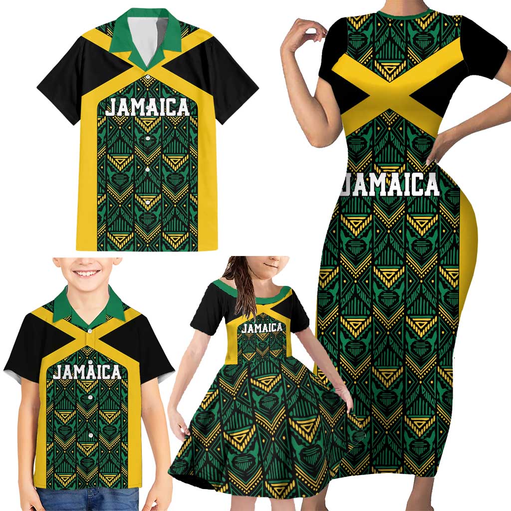 Jamaica Football Custom Family Matching Short Sleeve Bodycon Dress and Hawaiian Shirt Black Ethnic Motifs - Wonder Print Shop