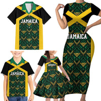 Jamaica Football Custom Family Matching Short Sleeve Bodycon Dress and Hawaiian Shirt Black Ethnic Motifs - Wonder Print Shop