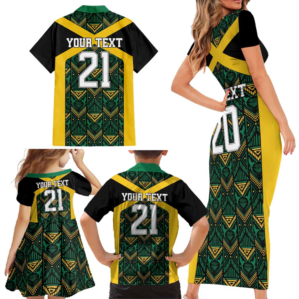 Jamaica Football Custom Family Matching Short Sleeve Bodycon Dress and Hawaiian Shirt Black Ethnic Motifs - Wonder Print Shop