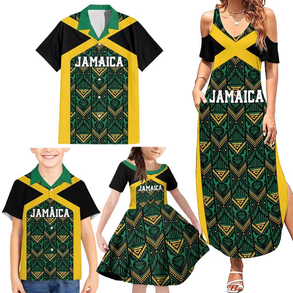 Jamaica Football Custom Family Matching Summer Maxi Dress and Hawaiian Shirt Black Ethnic Motifs - Wonder Print Shop