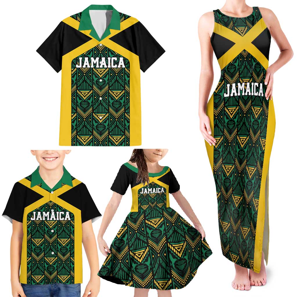 Jamaica Football Custom Family Matching Tank Maxi Dress and Hawaiian Shirt Black Ethnic Motifs - Wonder Print Shop