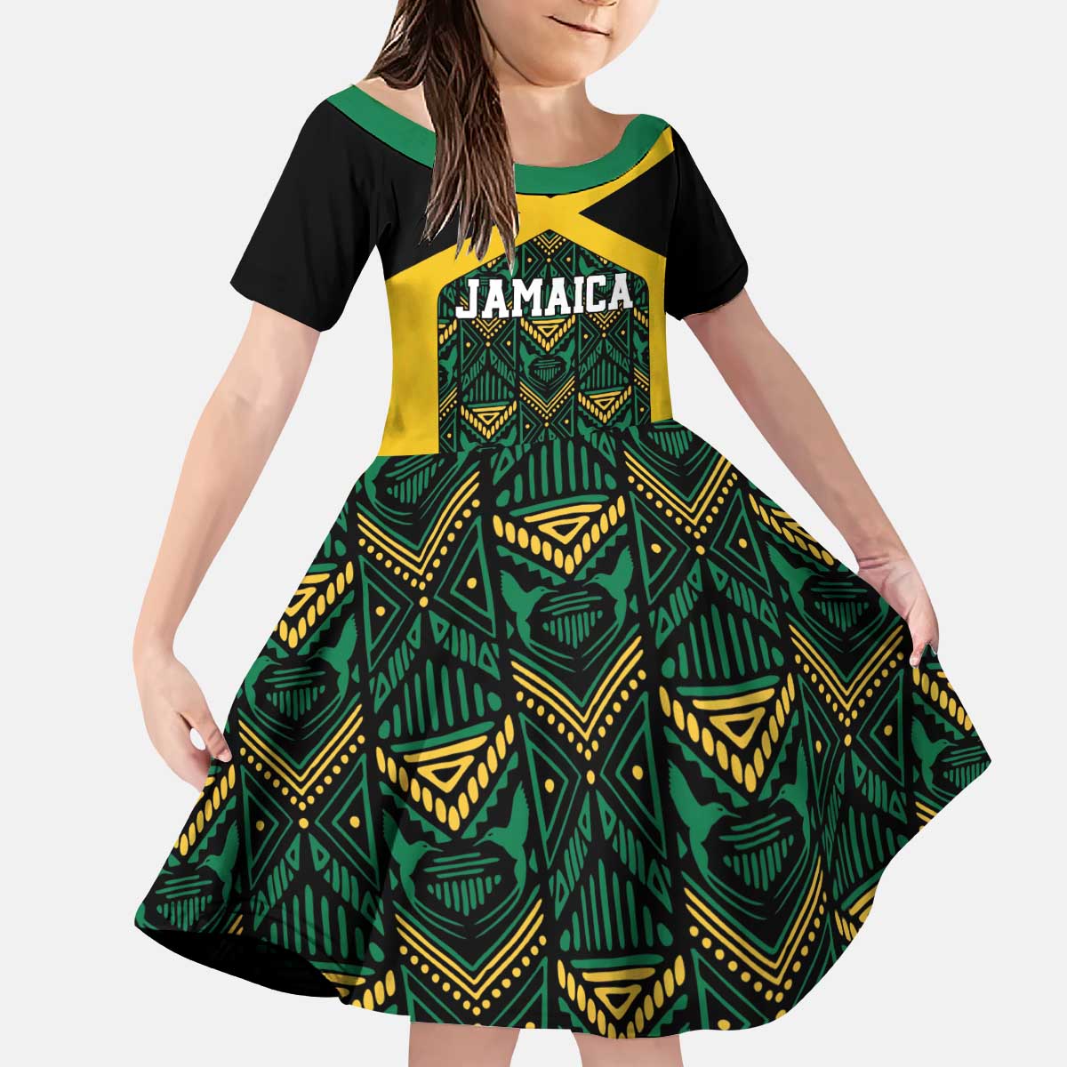 Jamaica Football Custom Kid Short Sleeve Dress Black Ethnic Motifs - Wonder Print Shop