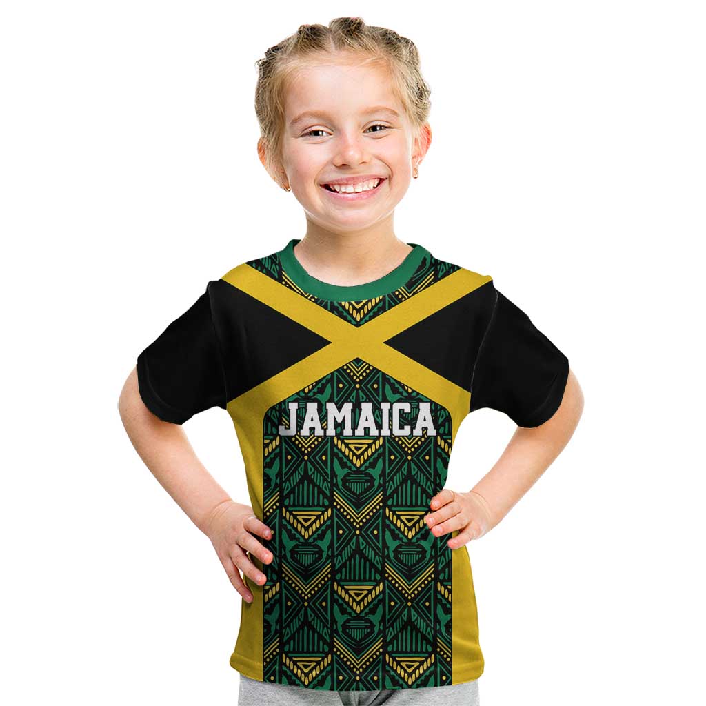 Jamaica Football Custom Kid T Shirt Black Ethnic Motifs - Wonder Print Shop