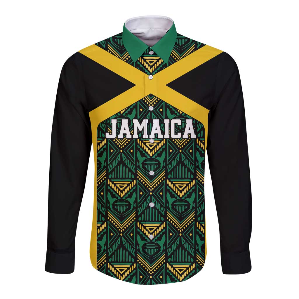 Jamaica Football Custom Long Sleeve Button Shirt Black Ethnic Motifs - Wonder Print Shop