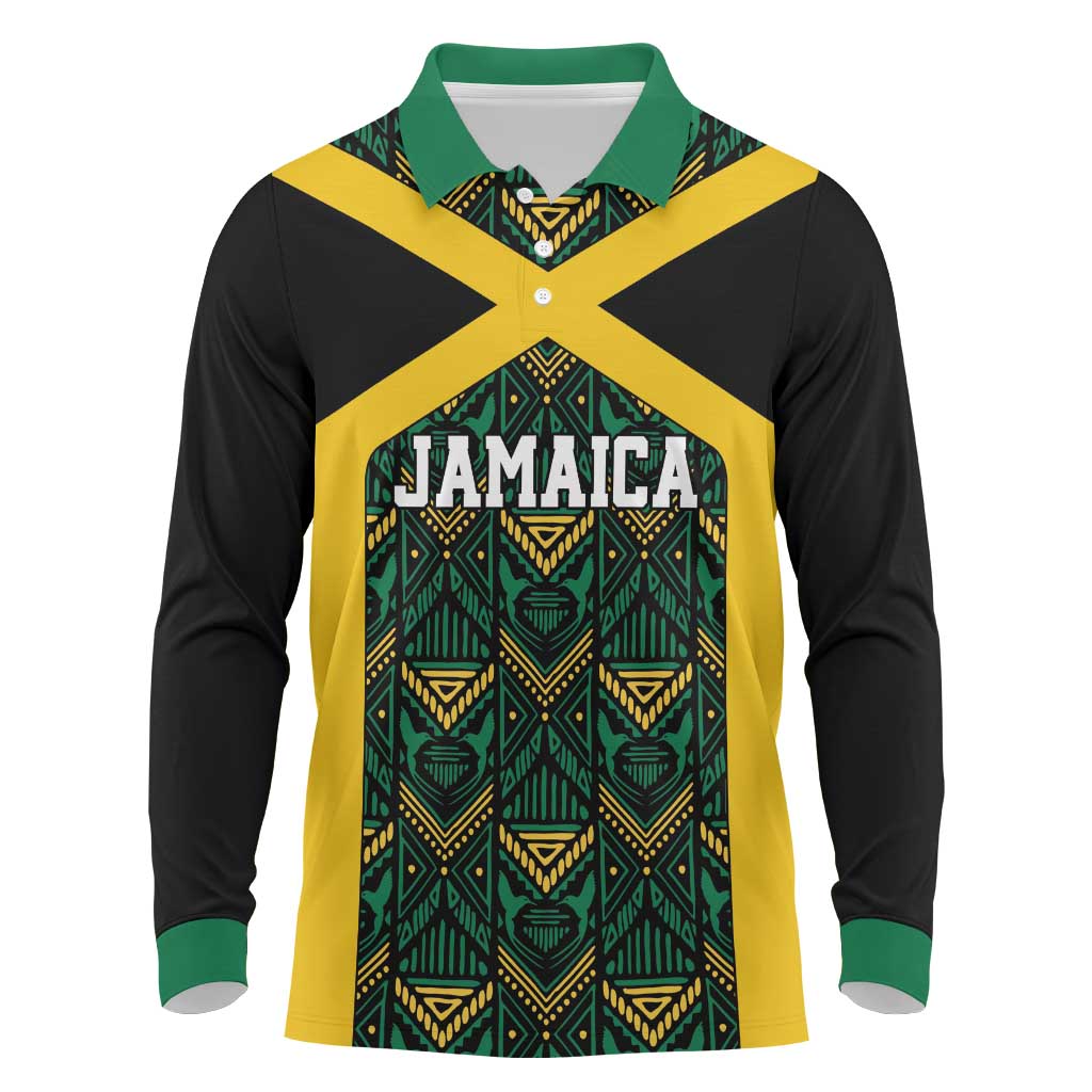 Jamaica Football Custom Long Sleeve Polo Shirt Black Ethnic Motifs - Wonder Print Shop