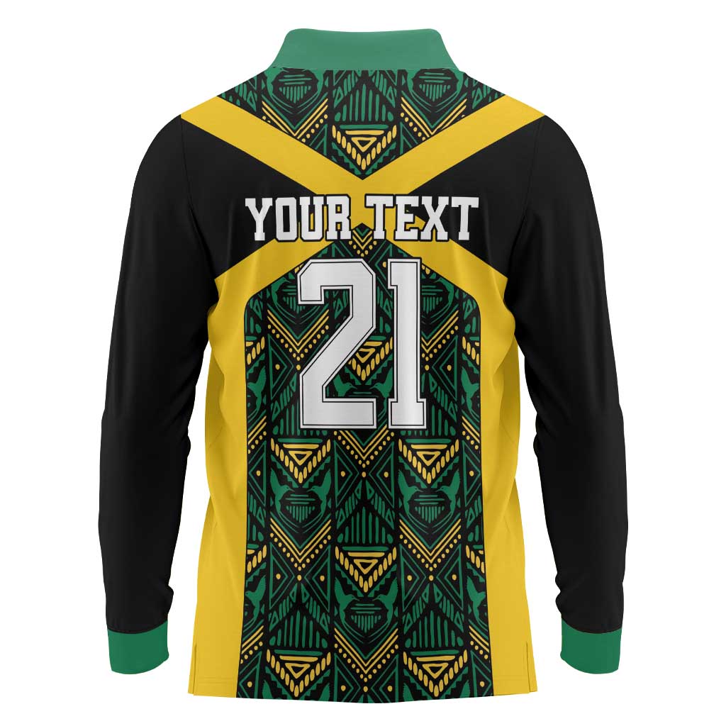Jamaica Football Custom Long Sleeve Polo Shirt Black Ethnic Motifs - Wonder Print Shop