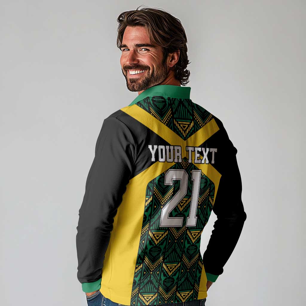 Jamaica Football Custom Long Sleeve Polo Shirt Black Ethnic Motifs - Wonder Print Shop