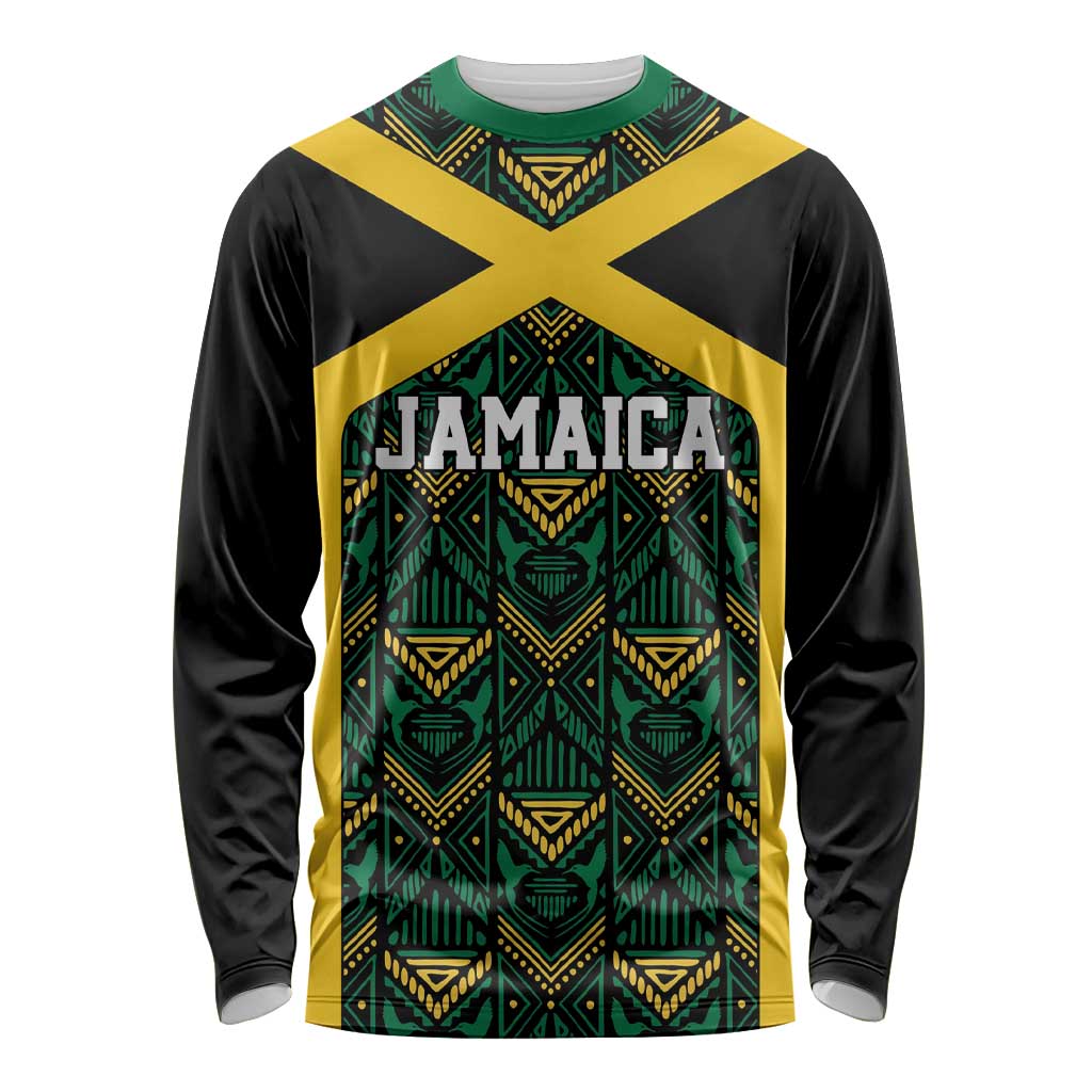 Jamaica Football Custom Long Sleeve Shirt Black Ethnic Motifs - Wonder Print Shop