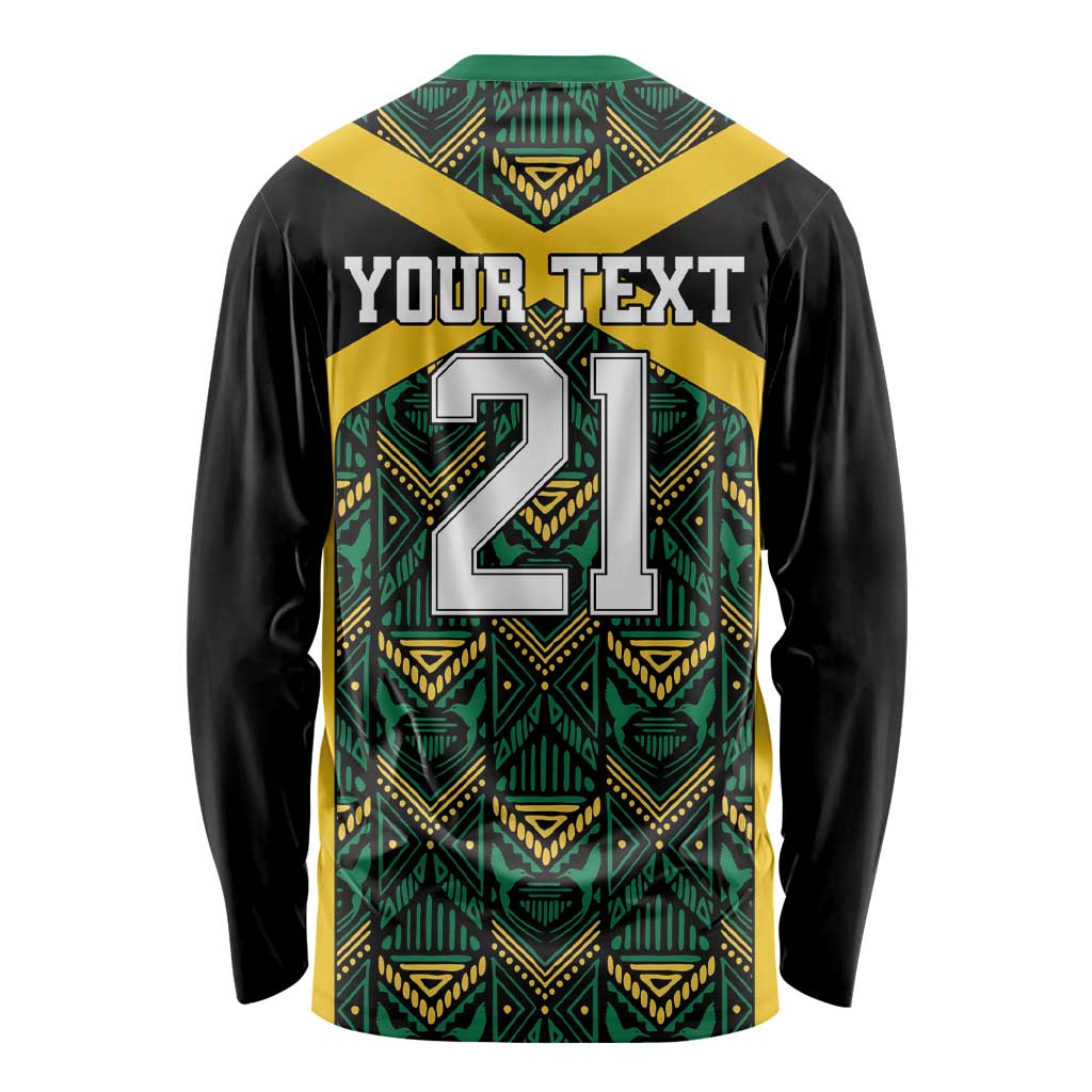 Jamaica Football Custom Long Sleeve Shirt Black Ethnic Motifs - Wonder Print Shop