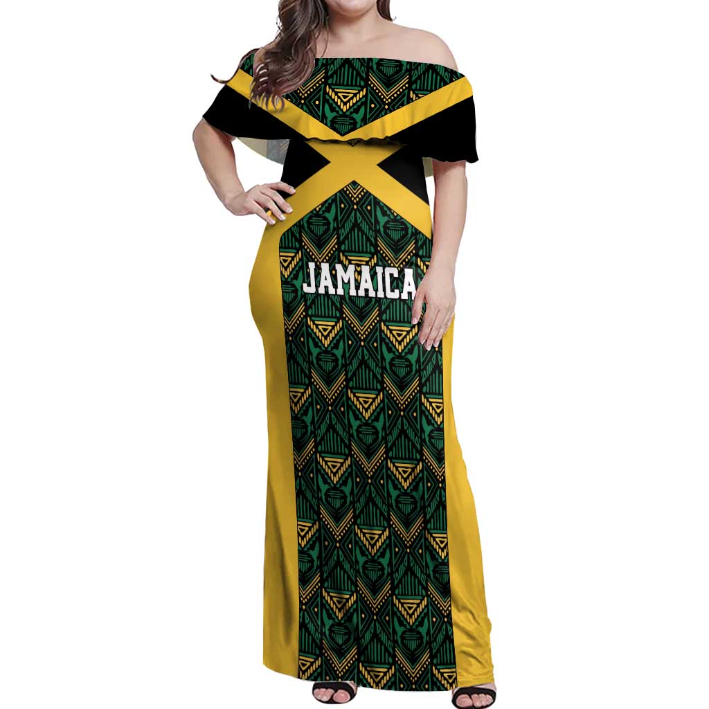 Jamaica Football Custom Off Shoulder Maxi Dress Black Ethnic Motifs - Wonder Print Shop
