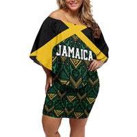 Jamaica Football Custom Off Shoulder Short Dress Black Ethnic Motifs - Wonder Print Shop