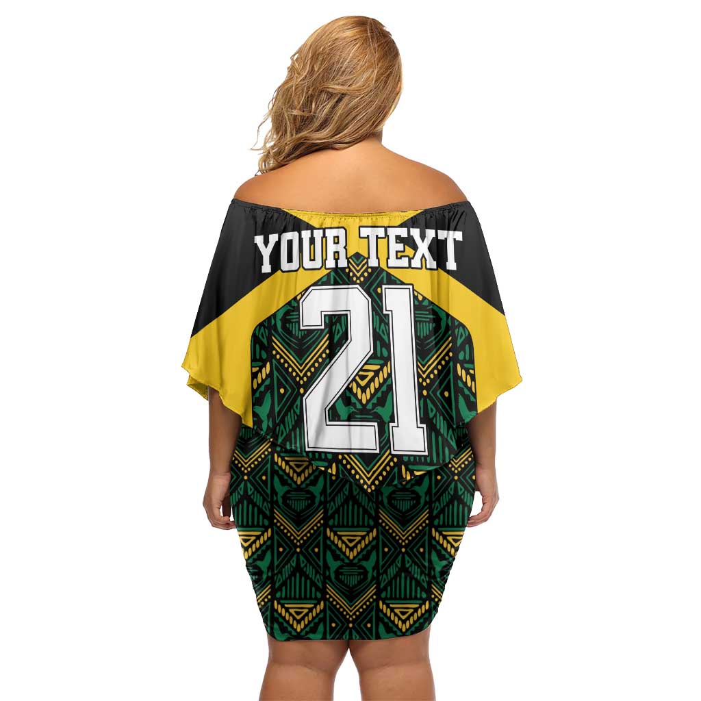 Jamaica Football Custom Off Shoulder Short Dress Black Ethnic Motifs - Wonder Print Shop