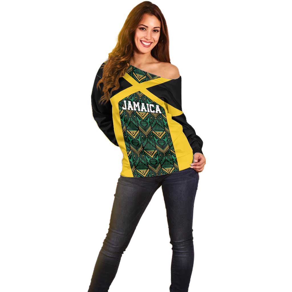 Jamaica Football Custom Off Shoulder Sweater Black Ethnic Motifs - Wonder Print Shop