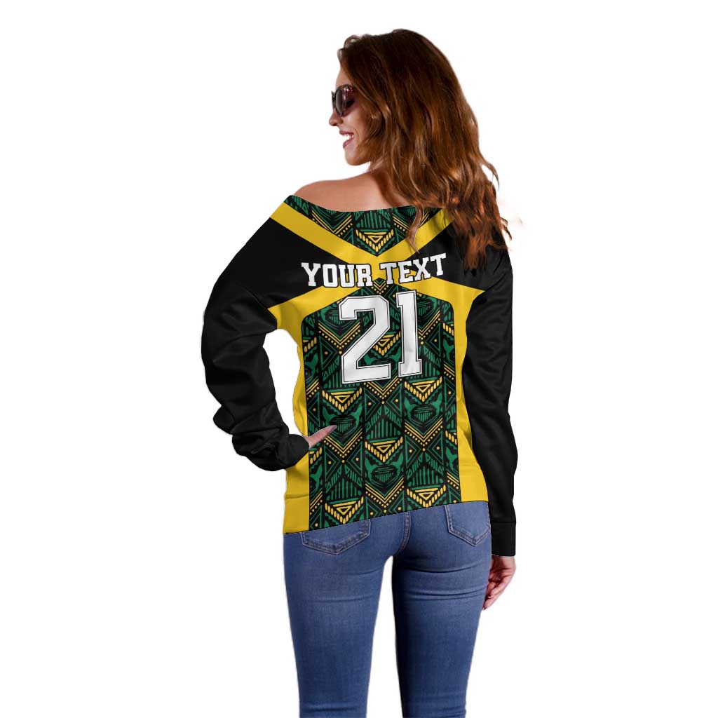 Jamaica Football Custom Off Shoulder Sweater Black Ethnic Motifs - Wonder Print Shop