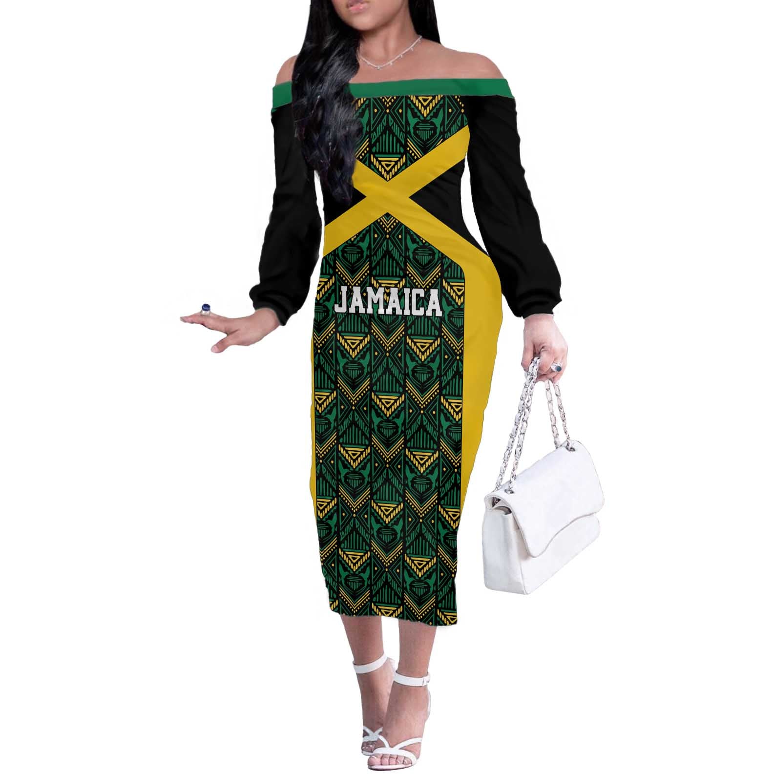 Jamaica Football Custom Off The Shoulder Long Sleeve Dress Black Ethnic Motifs - Wonder Print Shop